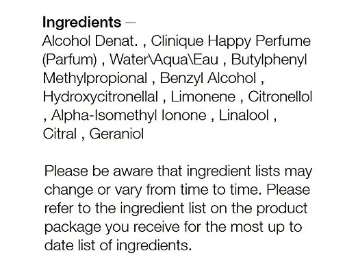 Clinique Happy Perfume Ingredients